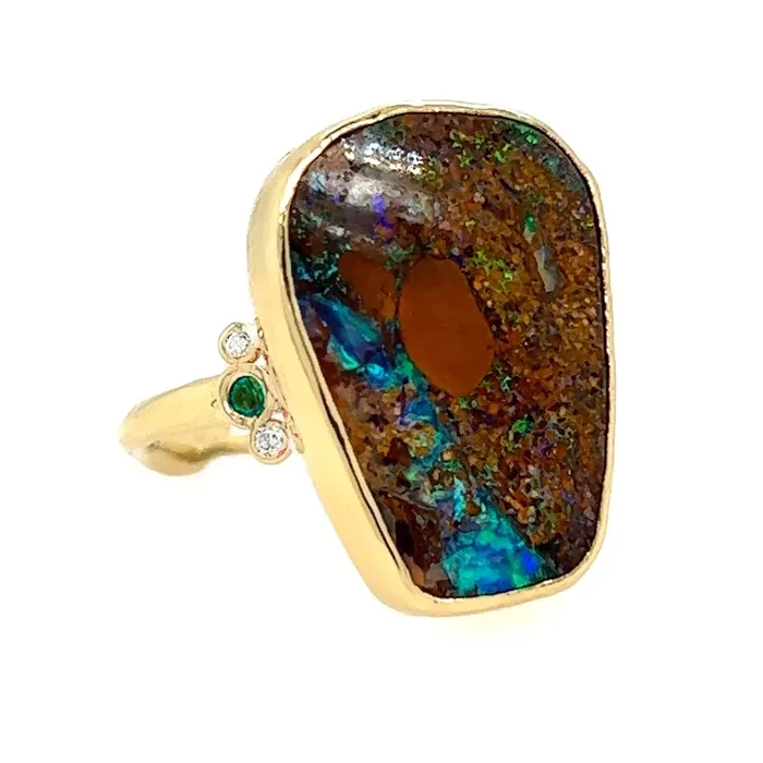 Emily Amey Jewelry Rings Australian Boulder Opal With Diamonds Tsavorites Ring in 14k gold