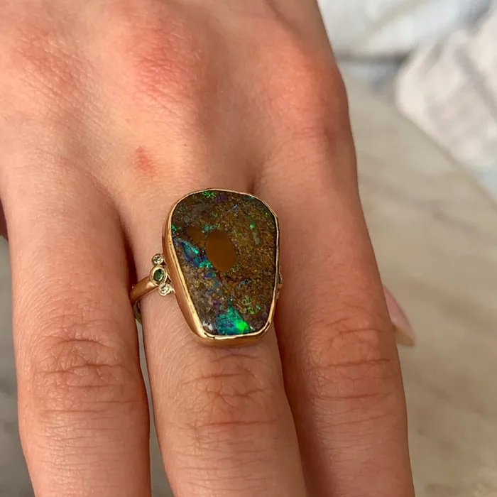 Emily Amey Jewelry Rings Australian Boulder Opal With Diamonds Tsavorites Ring in 14k gold