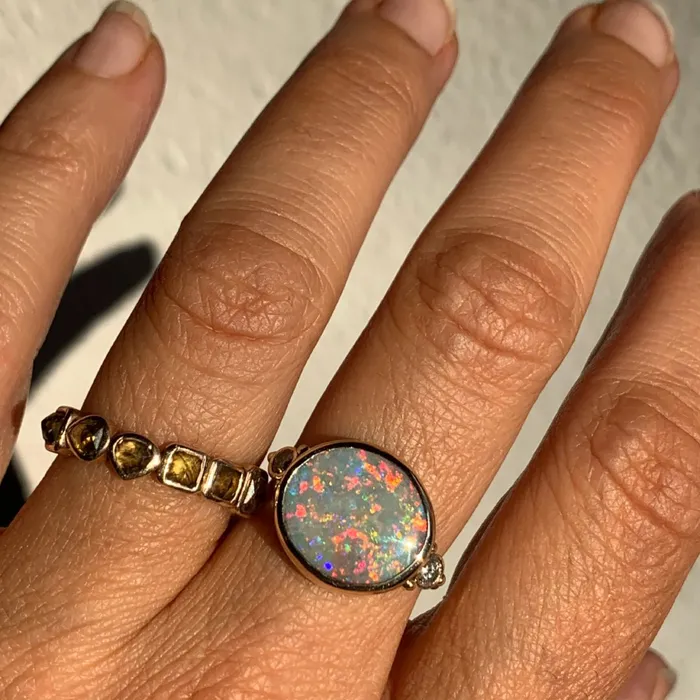 Emily Amey Jewelry Rings Australian Opal ring with brilliant white diamonds in 14k gold