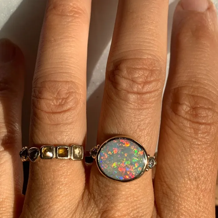Emily Amey Jewelry Rings Australian Opal ring with brilliant white diamonds in 14k gold