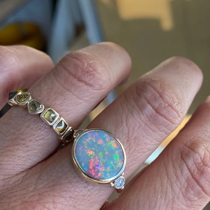 Emily Amey Jewelry Rings Australian Opal ring with brilliant white diamonds in 14k gold