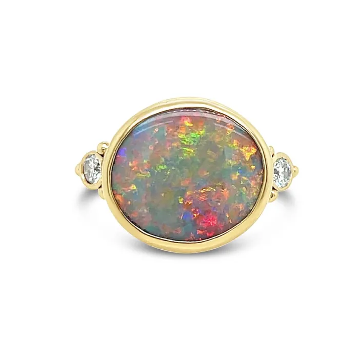 Emily Amey Jewelry Rings Australian Opal ring with brilliant white diamonds in 14k gold