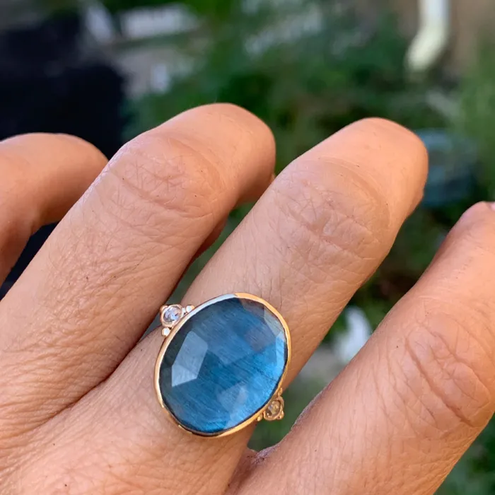 Emily Amey Jewelry Rings London Blue cocktail Ring with Salt and Pepper Diamonds in 14k and sterling silver