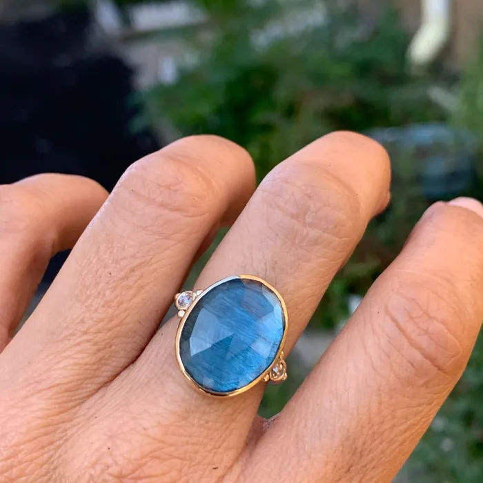 Emily Amey Jewelry Rings London Blue cocktail Ring with Salt and Pepper Diamonds in 14k and sterling silver