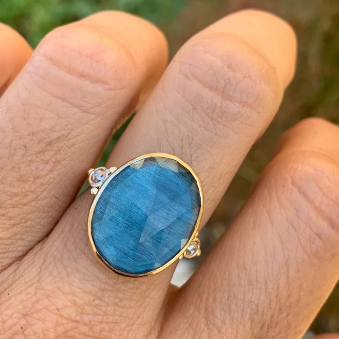 Emily Amey Jewelry Rings London Blue cocktail Ring with Salt and Pepper Diamonds in 14k and sterling silver