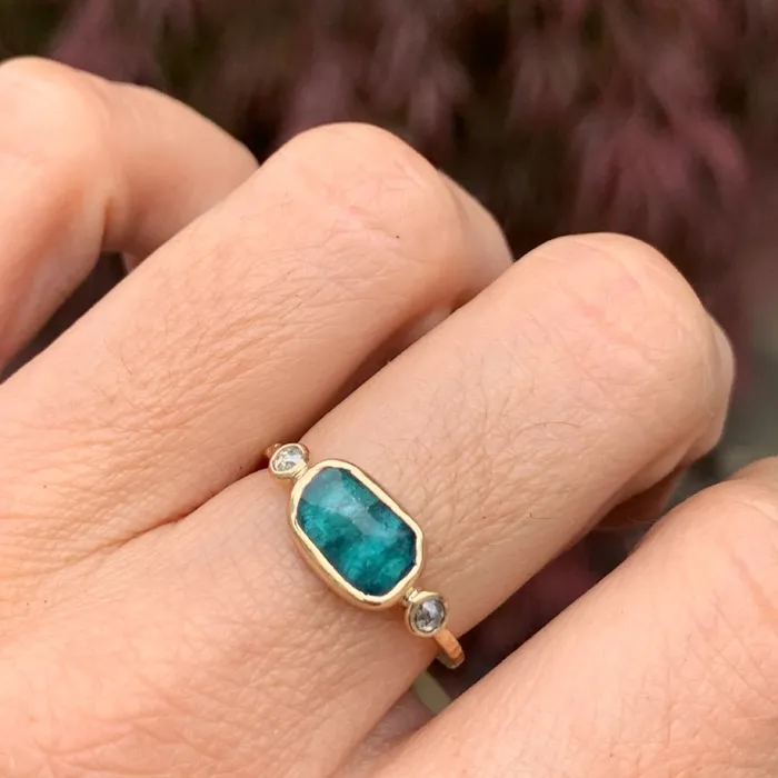 Emily Amey Jewelry Rings Teal Tourmaline With Salt and Pepper Diamonds Ring in 14k gold