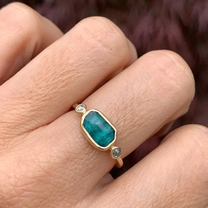 Emily Amey Jewelry Rings Teal Tourmaline With Salt and Pepper Diamonds Ring in 14k gold