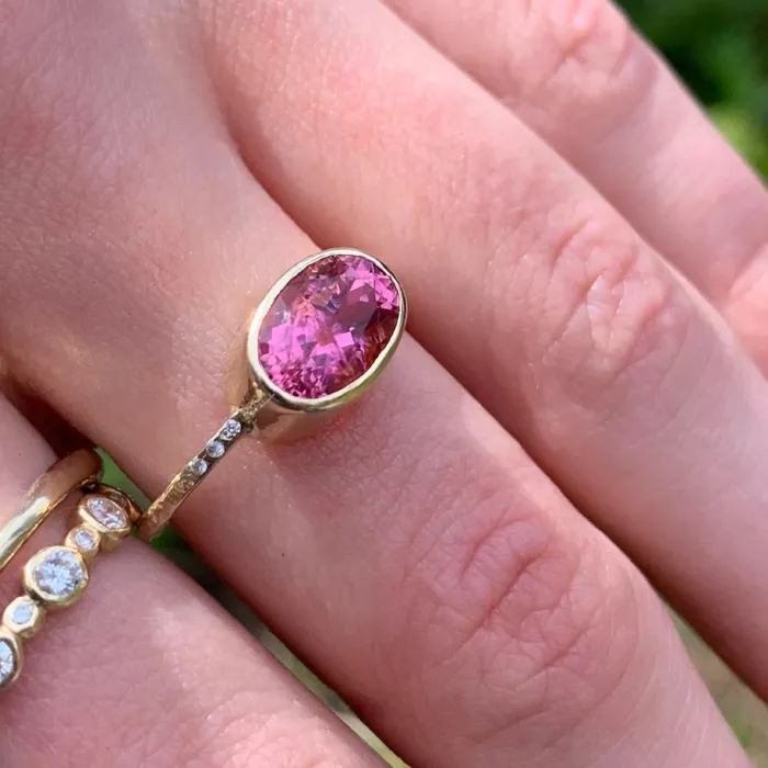 Emily Amey Jewelry Rings Vibrant Pink Tourmaline Ring With Diamonds in 14k gold