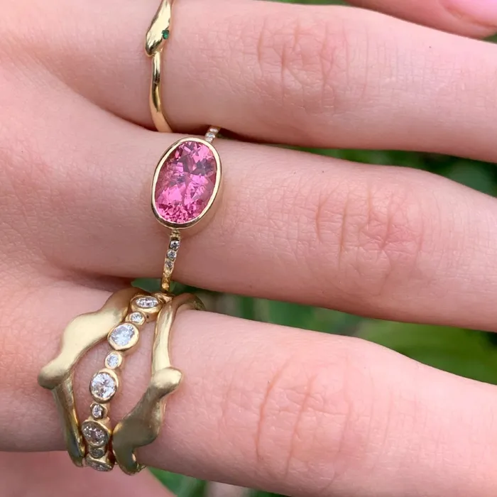Emily Amey Jewelry Rings Vibrant Pink Tourmaline Ring With Diamonds in 14k gold