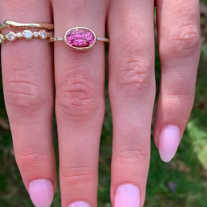 Emily Amey Jewelry Rings Vibrant Pink Tourmaline Ring With Diamonds in 14k gold