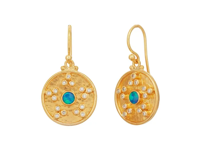 GG GOLD OOAK Earrings GURHAN Muse Gold Opal Single Drop Earrings 17mm Round Medallion on Wire Hook GG GOLD OOAK Earrings GURHAN Muse Gold Opal Single Drop Earrings 17mm Round Medallion on Wire Hook