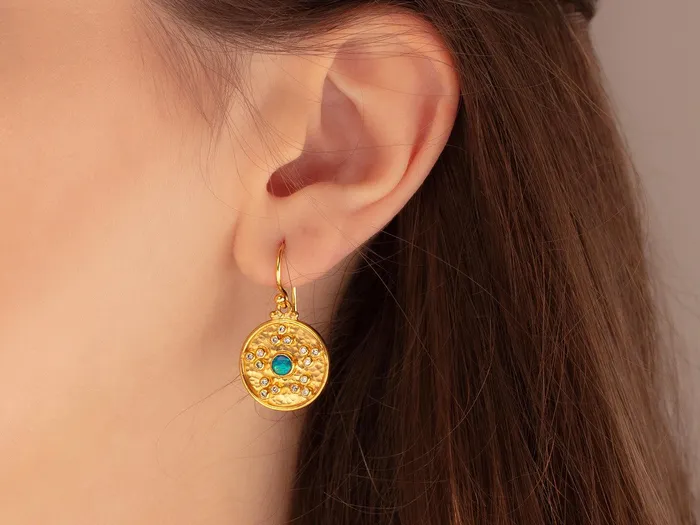 GG GOLD OOAK Earrings GURHAN Muse Gold Opal Single Drop Earrings 17mm Round Medallion on Wire Hook GG GOLD OOAK Earrings GURHAN Muse Gold Opal Single Drop Earrings 17mm Round Medallion on Wire Hook