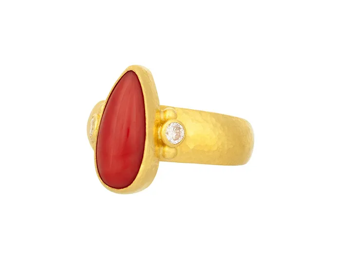 GG GOLD OOAK Rings GURHAN Rune Gold Coral Cocktail Ring 15x8mm Teardrop