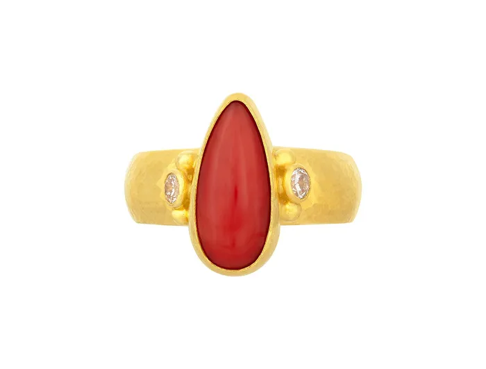 GG GOLD OOAK Rings GURHAN Rune Gold Coral Cocktail Ring 15x8mm Teardrop
