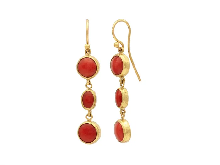 GURHAN Rune Gold Coral Triple Drop Earrings MixedSized Ovals GG GOLD OOAK Earrings