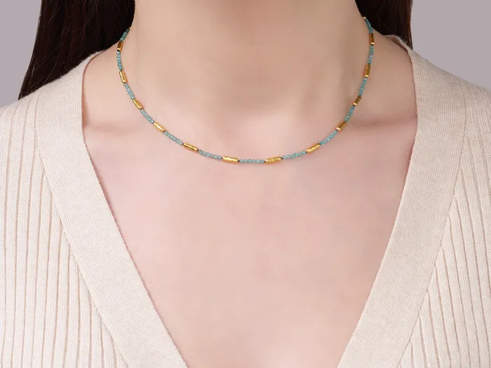 Necklaces GG GOLD NEW GURHAN Vertigo Gold Apatite Beaded Short Necklace Hammered Gold Tubes Necklaces GG GOLD NEW GURHAN Vertigo Gold Apatite Beaded Short Necklace Hammered Gold Tubes