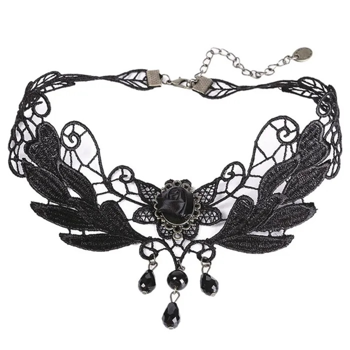 Necklaces sparklingselections Punk Style Gem Black Lace Beads Choker Necklace Necklaces sparklingselections Punk Style Gem Black Lace Beads Choker Necklace