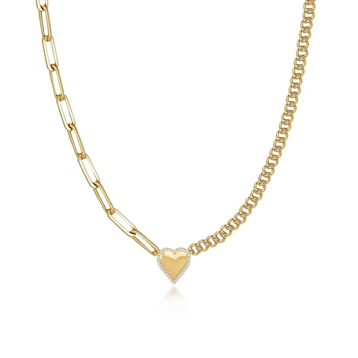 Puffy Heart with Pave Outline Half Cuban Half Paperclip Necklace Alev Collection Necklaces