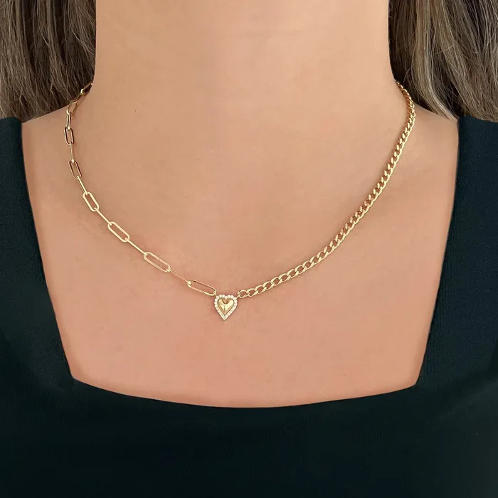 Puffy Heart with Pave Outline Half Cuban Half Paperclip Necklace Alev Collection Necklaces