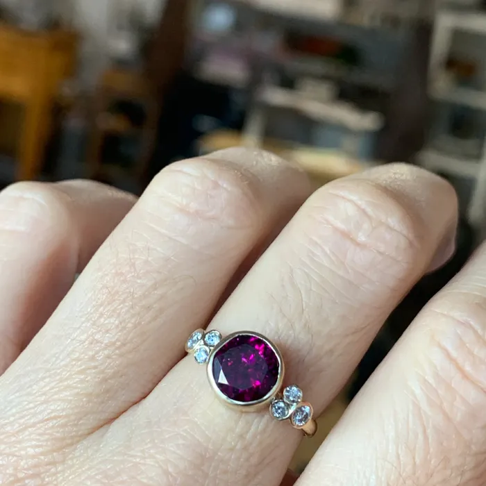 Rings Emily Amey Jewelry Rhodolite Garnet Ring with Diamonds in 14k gold
