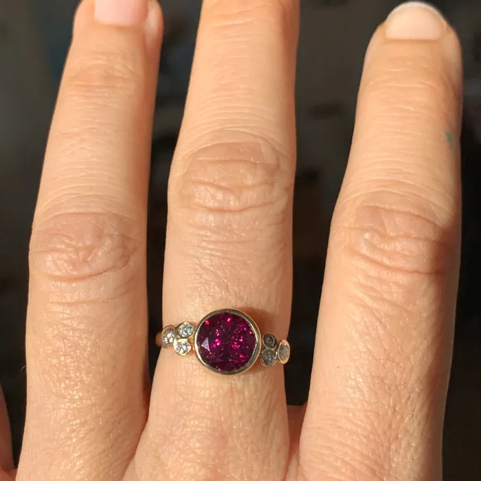 Rings Emily Amey Jewelry Rhodolite Garnet Ring with Diamonds in 14k gold