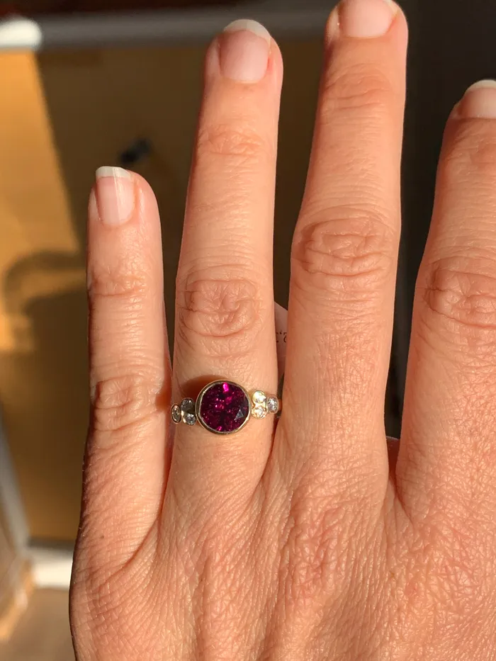 Rings Emily Amey Jewelry Rhodolite Garnet Ring with Diamonds in 14k gold