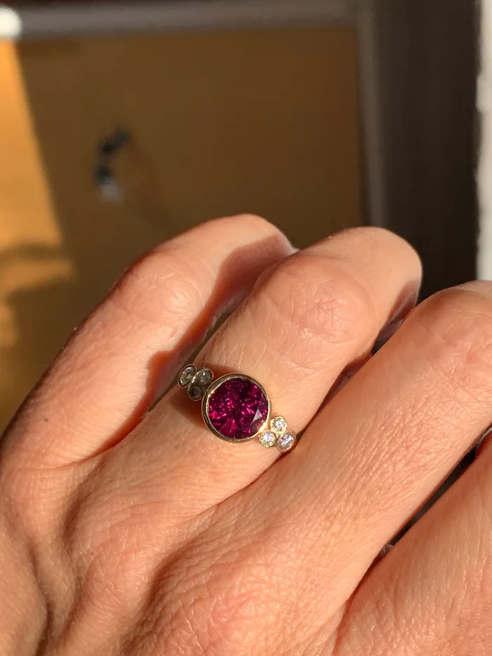 Rings Emily Amey Jewelry Rhodolite Garnet Ring with Diamonds in 14k gold