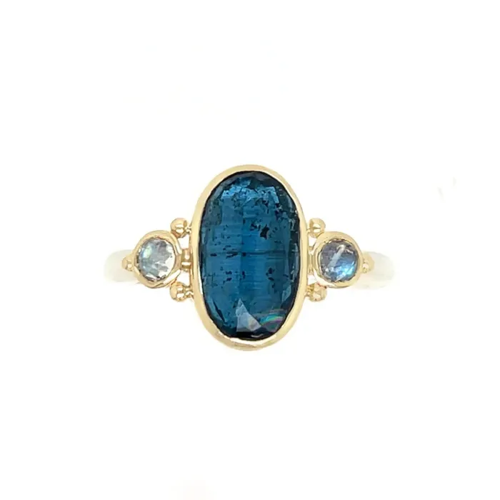 Rings Emily Amey Jewelry Teal Moss Kyanite ring with rainbow moonstones in 14k gold and sterling silver Rings Emily Amey Jewelry Teal Moss Kyanite ring with rainbow moonstones in 14k gold and sterling silver