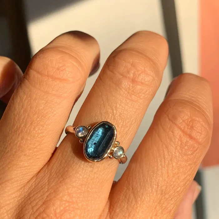Rings Emily Amey Jewelry Teal Moss Kyanite ring with rainbow moonstones in 14k gold and sterling silver