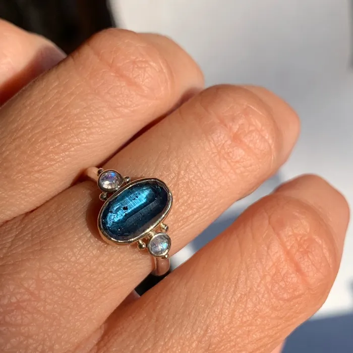 Rings Emily Amey Jewelry Teal Moss Kyanite ring with rainbow moonstones in 14k gold and sterling silver