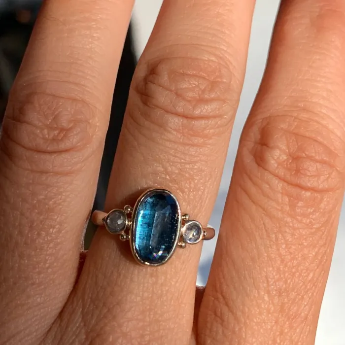 Rings Emily Amey Jewelry Teal Moss Kyanite ring with rainbow moonstones in 14k gold and sterling silver