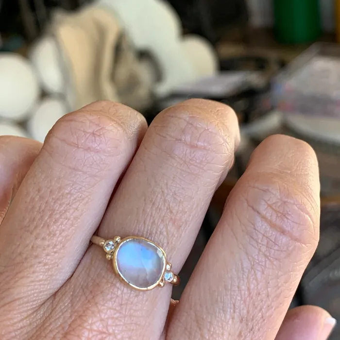 Rings Rainbow Moonstone With White Diamonds Ring in 14k gold Emily Amey Jewelry