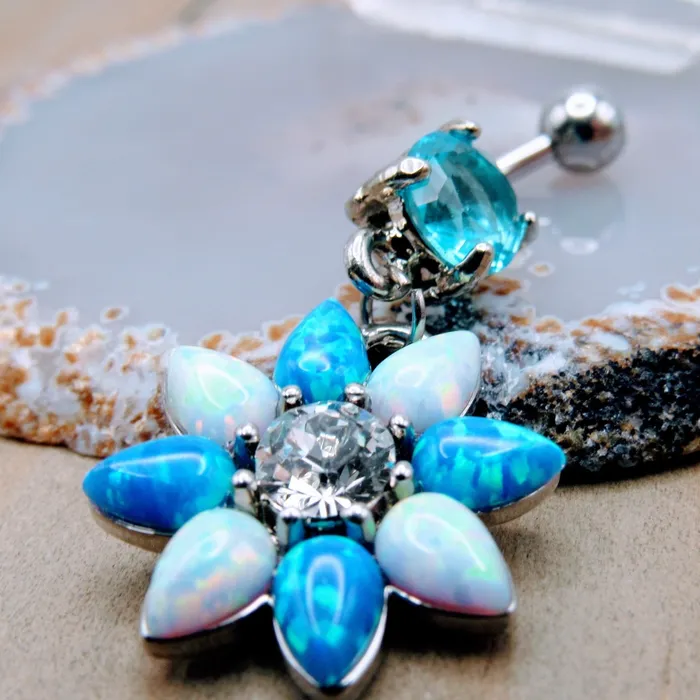 Siren Body Jewelry Rings Opal flower shaped dangle belly button piercing ring aqua cz gemstones 14g stainless Siren Body Jewelry Rings Opal flower shaped dangle belly button piercing ring aqua cz gemstones 14g stainless