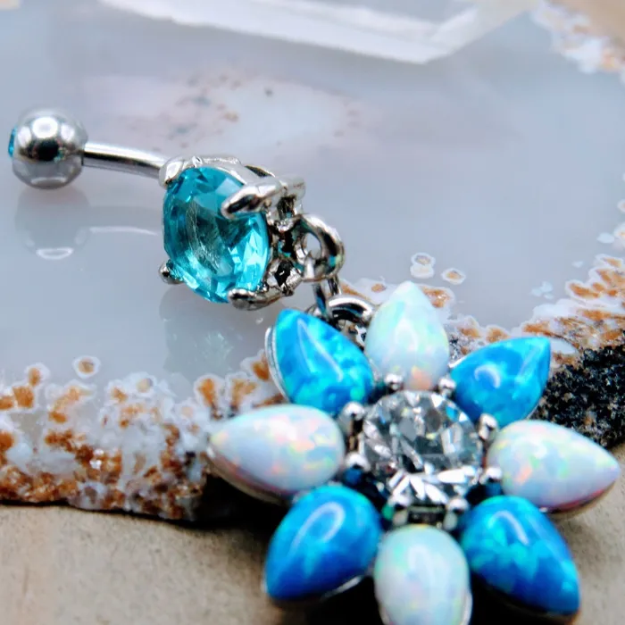Siren Body Jewelry Rings Opal flower shaped dangle belly button piercing ring aqua cz gemstones 14g stainless