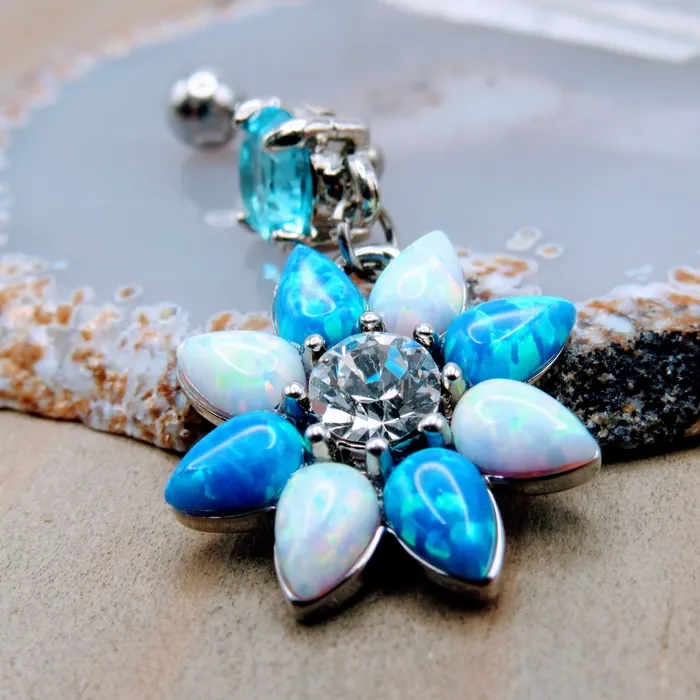 Siren Body Jewelry Rings Opal flower shaped dangle belly button piercing ring aqua cz gemstones 14g stainless