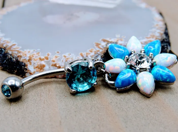 Siren Body Jewelry Rings Opal flower shaped dangle belly button piercing ring aqua cz gemstones 14g stainless