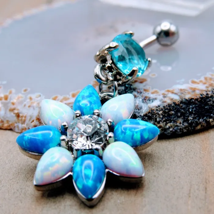 Siren Body Jewelry Rings Opal flower shaped dangle belly button piercing ring aqua cz gemstones 14g stainless
