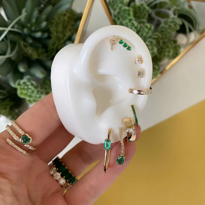 Solitaire Emerald Thin Gold Hoops Yellow Gold Alev Jewelry PreStyled Sets