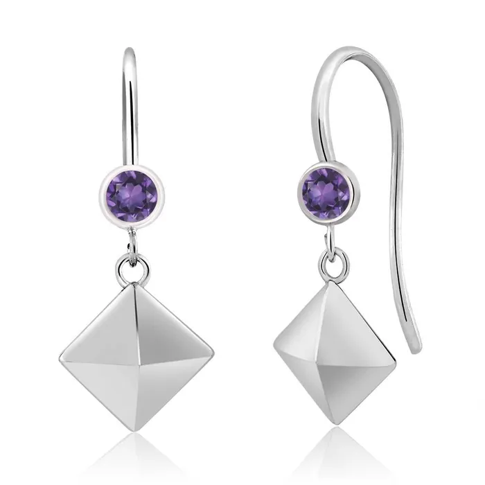sparklingselections Earrings Round Purple Amethyst Sterling Silver Pyramid Earrings sparklingselections Earrings Round Purple Amethyst Sterling Silver Pyramid Earrings