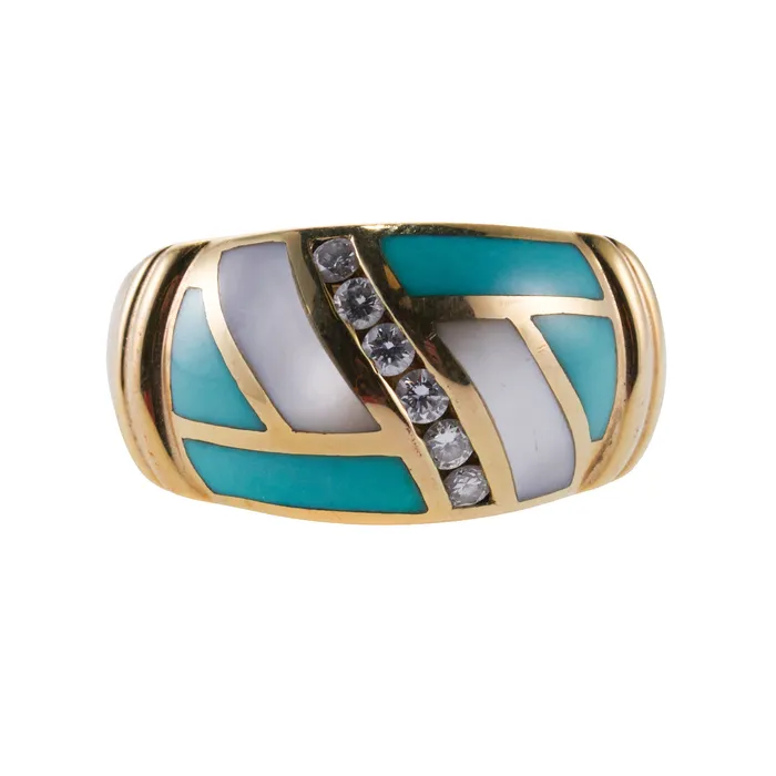 Asch Grossbardt Rings Asch Grossbardt Inlay Mother of Pearl Turquoise Diamond Gold Ring Asch Grossbardt Rings Asch Grossbardt Inlay Mother of Pearl Turquoise Diamond Gold Ring