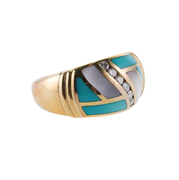 Asch Grossbardt Rings Asch Grossbardt Inlay Mother of Pearl Turquoise Diamond Gold Ring