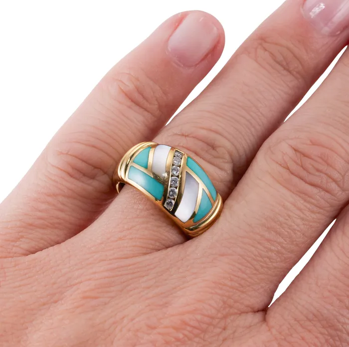 Asch Grossbardt Rings Asch Grossbardt Inlay Mother of Pearl Turquoise Diamond Gold Ring