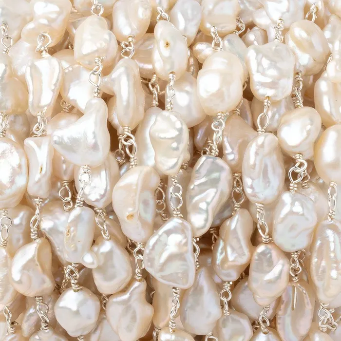 Beadsofcambaycom Necklaces 9x512x6mm Peach Keshi Pearls on 925 Silver Chain