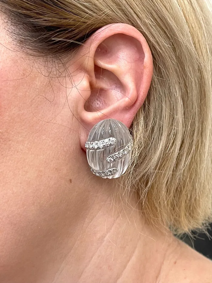 David Webb Carved Crystal Diamond Gold Platinum Earrings David Webb Earrings
