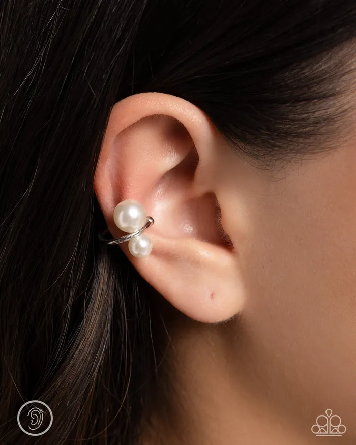 Elegant Emblem White Pearl Ear Cuff Jewelry by Bretta Paparazzi Accessories Earrings