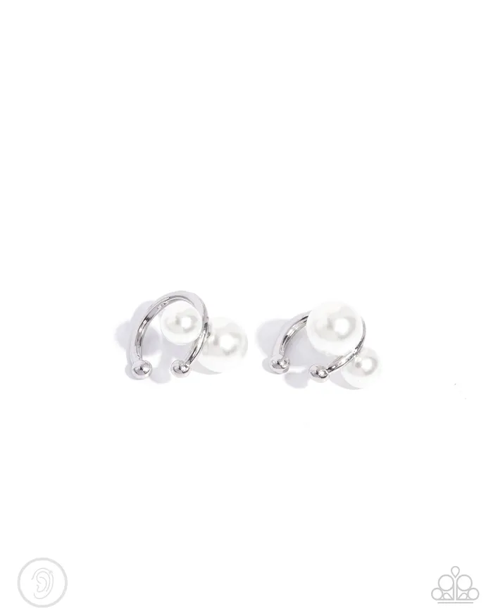 Elegant Emblem White Pearl Ear Cuff Jewelry by Bretta Paparazzi Accessories Earrings