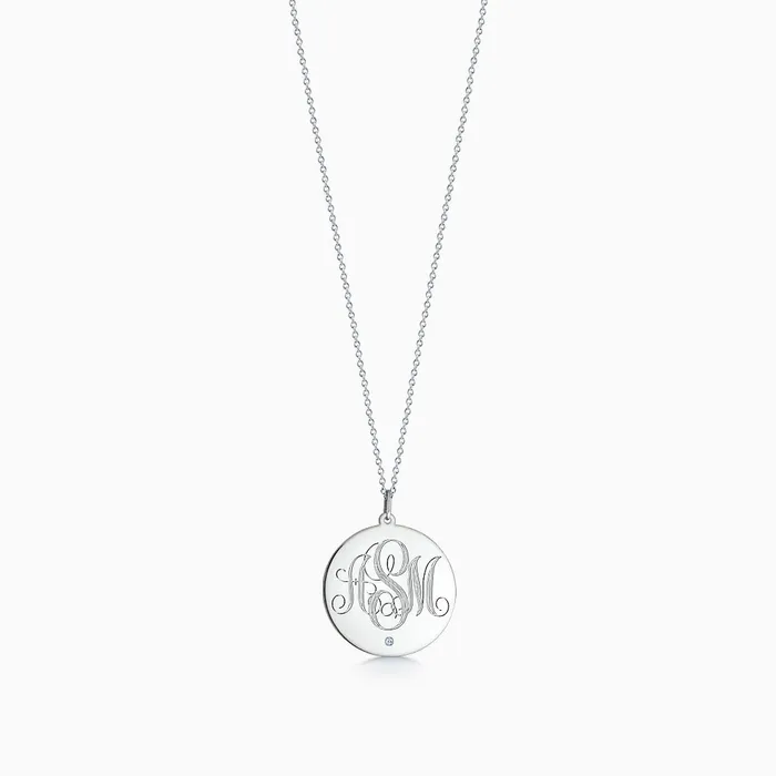 Necklaces Sandy Steven Engravers Engravable 1 inch 14k White Gold Monogram Disc Charm Necklace with Single Diamond Necklaces Sandy Steven Engravers Engravable 1 inch 14k White Gold Monogram Disc Charm Necklace with Single Diamond
