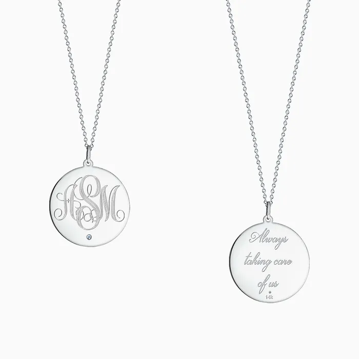 Necklaces Sandy Steven Engravers Engravable 1 inch 14k White Gold Monogram Disc Charm Necklace with Single Diamond