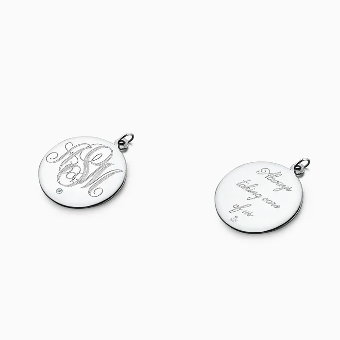 Necklaces Sandy Steven Engravers Engravable 1 inch 14k White Gold Monogram Disc Charm Necklace with Single Diamond
