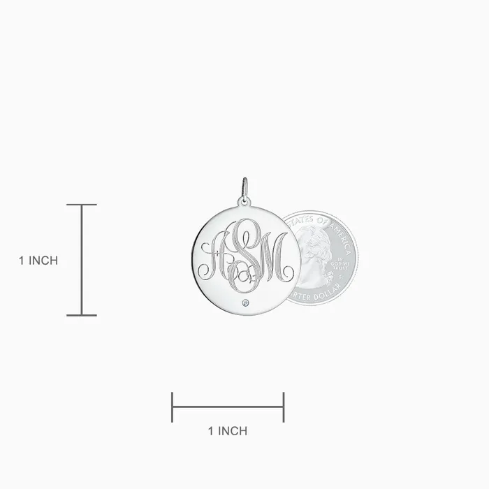 Necklaces Sandy Steven Engravers Engravable 1 inch 14k White Gold Monogram Disc Charm Necklace with Single Diamond